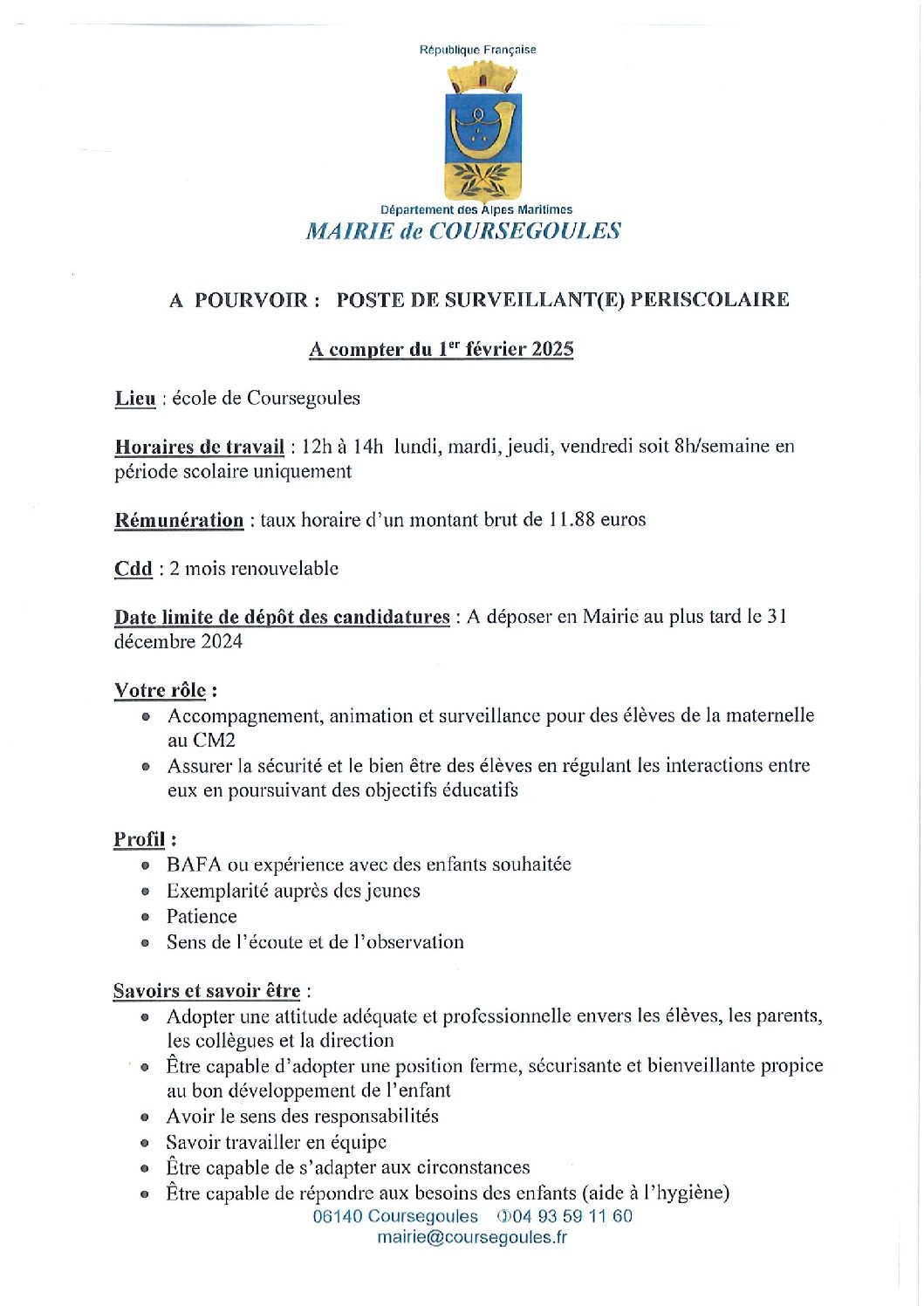 Offre d’emploi école de Coursegoules