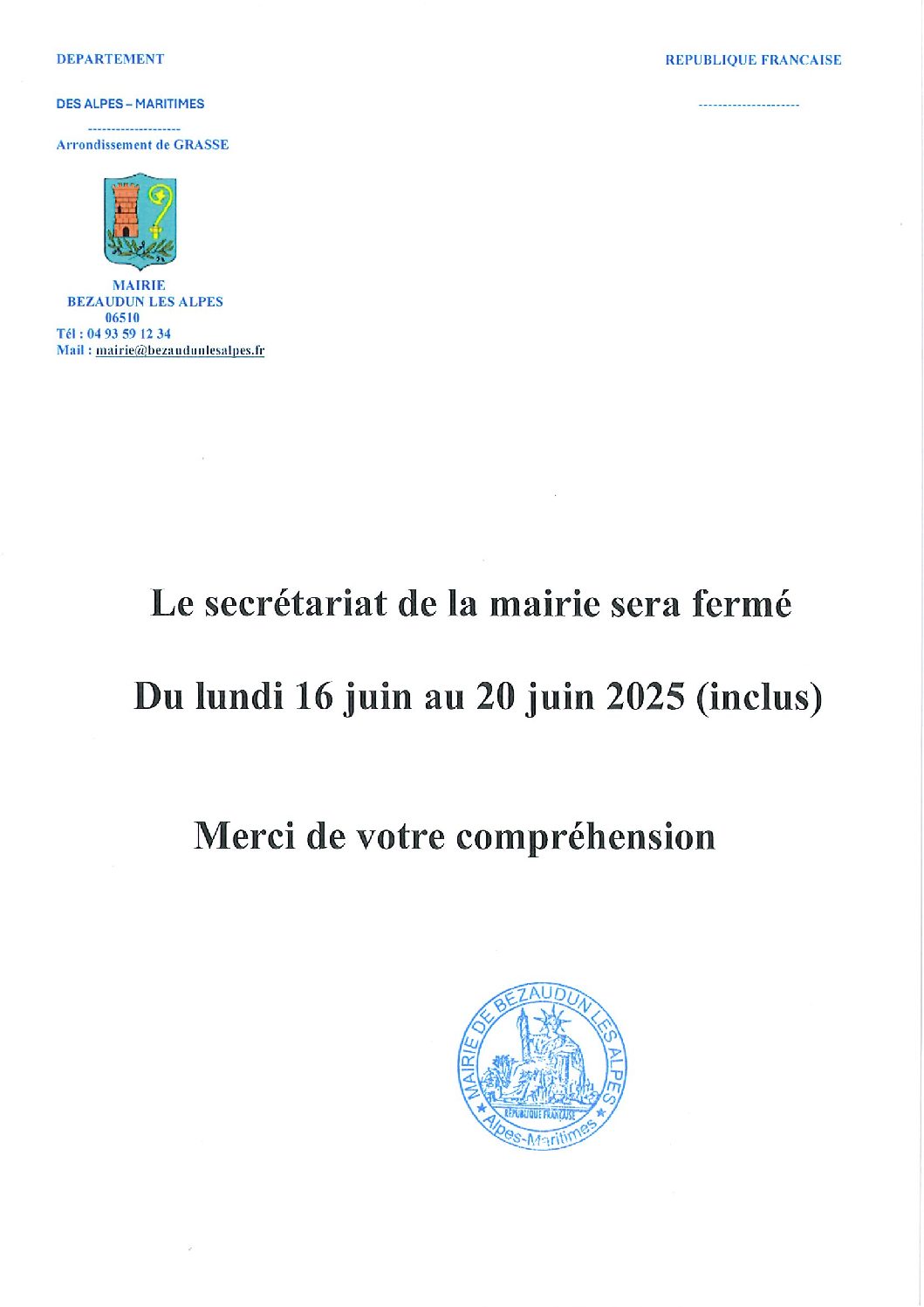 Fermeture du secrétariat de la mairie pour congés