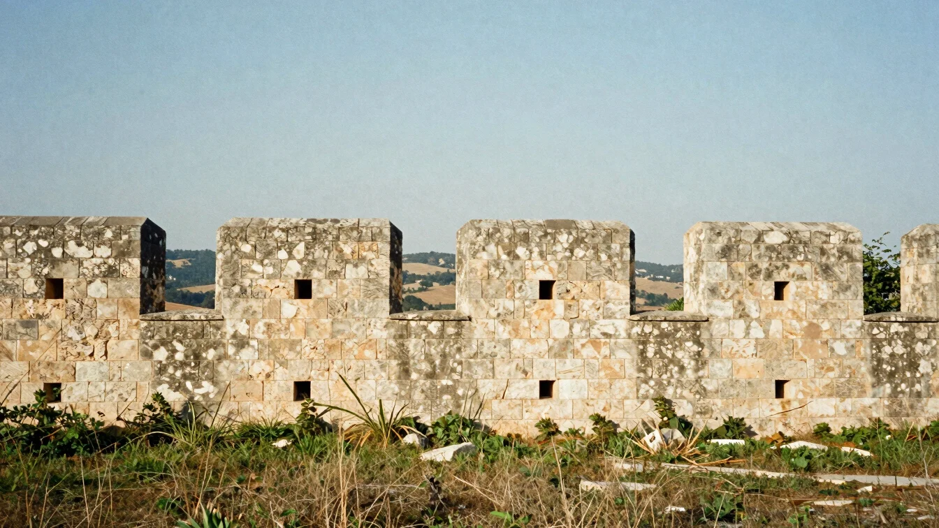 Fragment of old rampart wall with stone courses and wild grass at its base, open landscape of hills beyond, soft Mediter