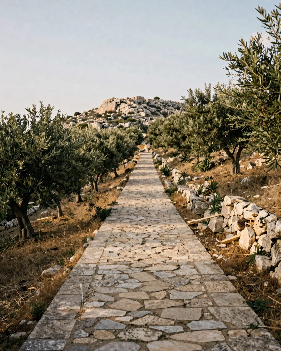 Wide-angle editorial photograph of a stone footpath climbing past olive trees and dry limestone toward a distant ridge,