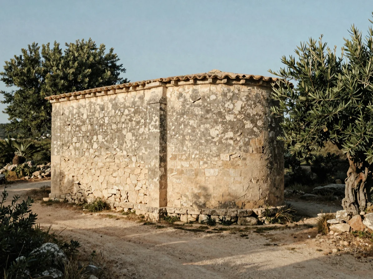Close view of a weathered stone chapel wall beside a dirt footpath in Provençal scrubland, late-afternoon light, beige s