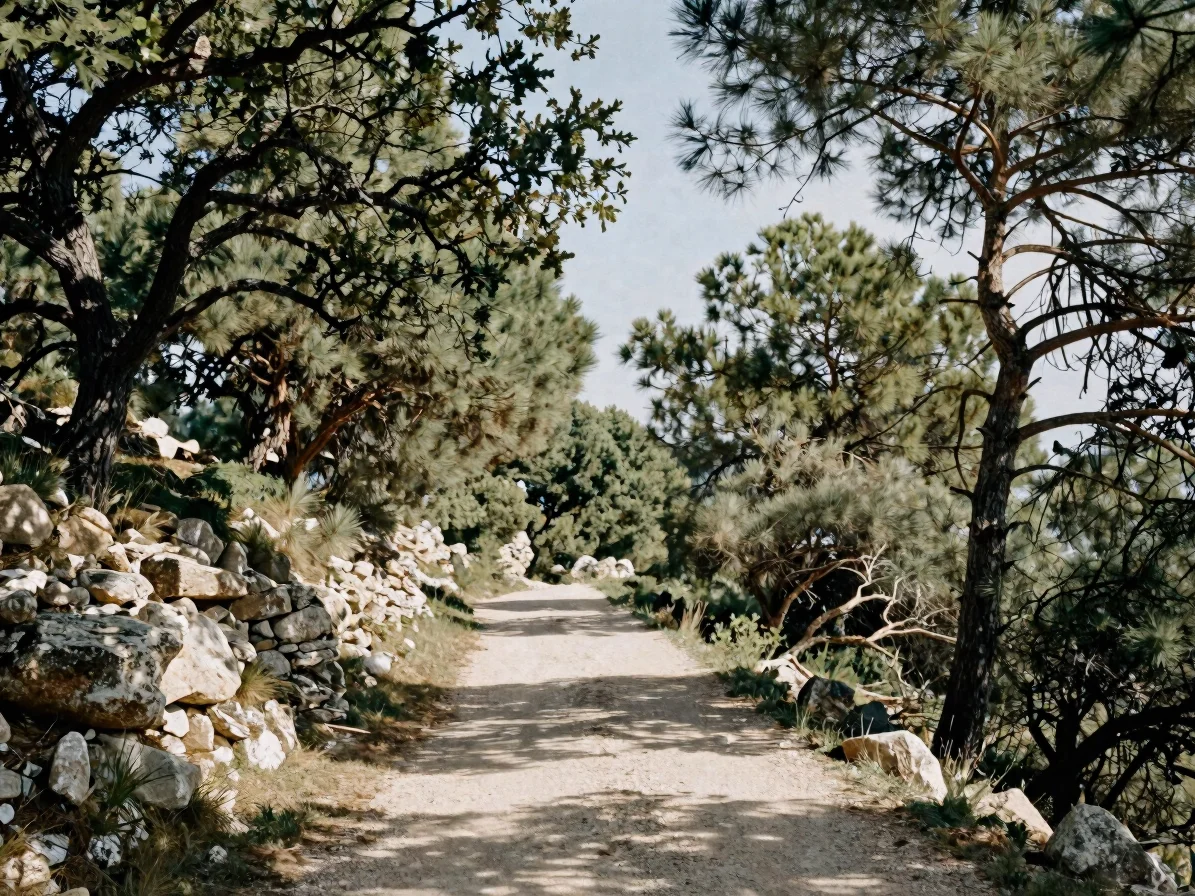 Shaded woodland path through oak and pine in the Alpes-Maritimes hills, dappled soft daylight, muted green and stone ton