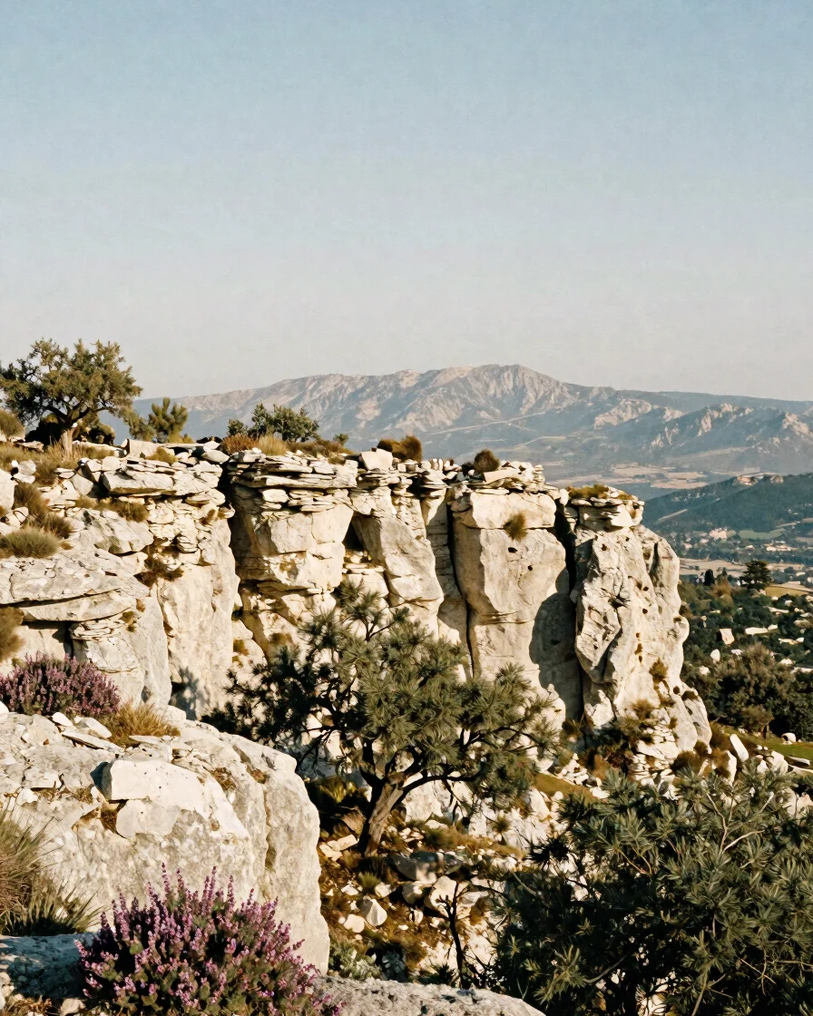 Wide editorial photograph of dry limestone ledges above Bézaudun-les-Alpes, scrub oak and wild thyme in soft morning day
