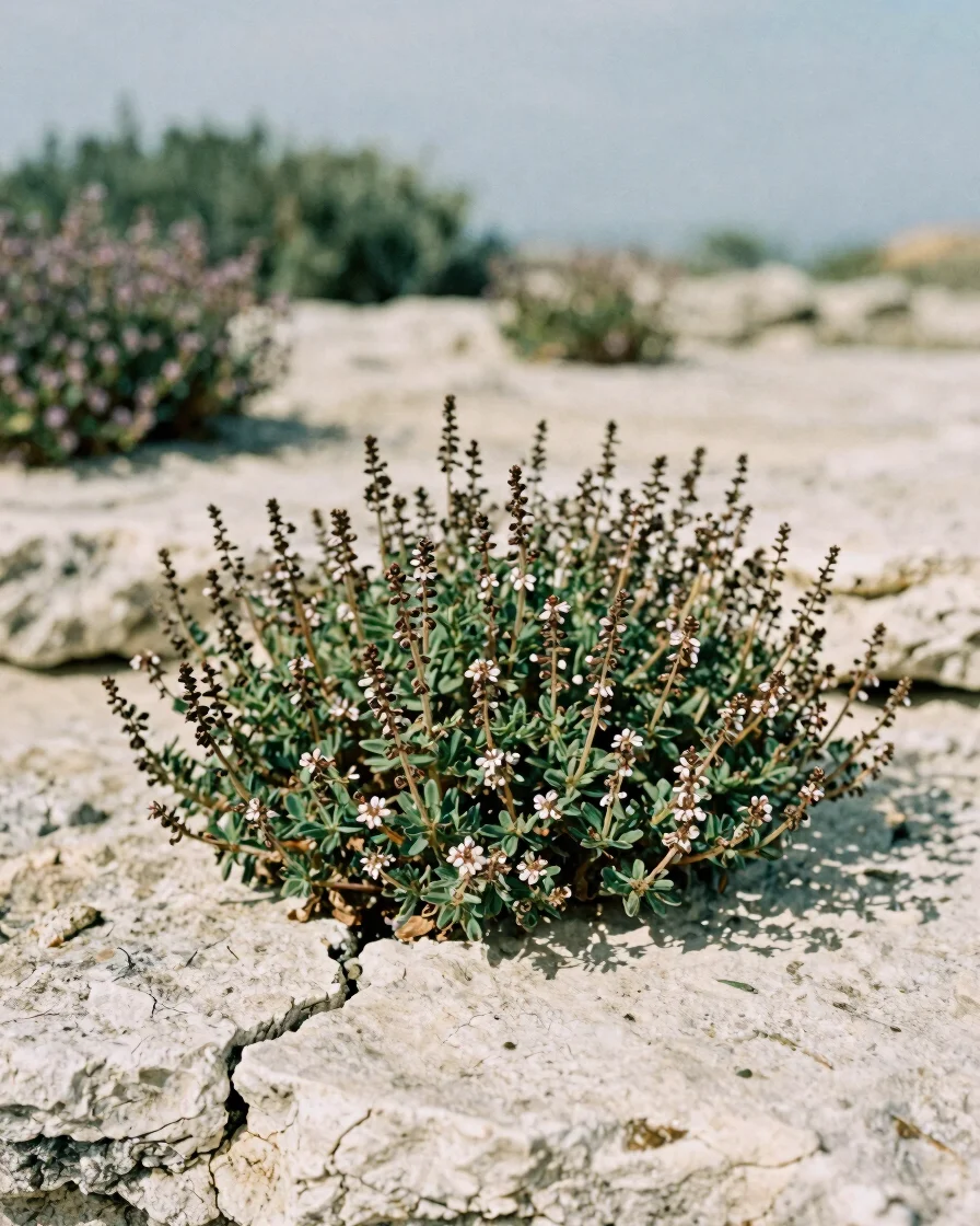 Close editorial photograph of wild thyme and boxwood growing from cracked pale limestone, soft Mediterranean daylight, s