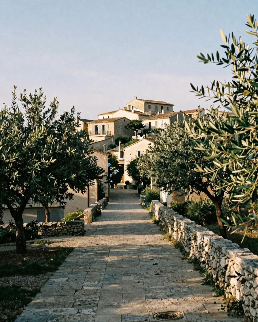 Soft late-afternoon light on a narrow stone lane in a hilltop village in the Alpes-Maritimes, worn limestone paving, oli