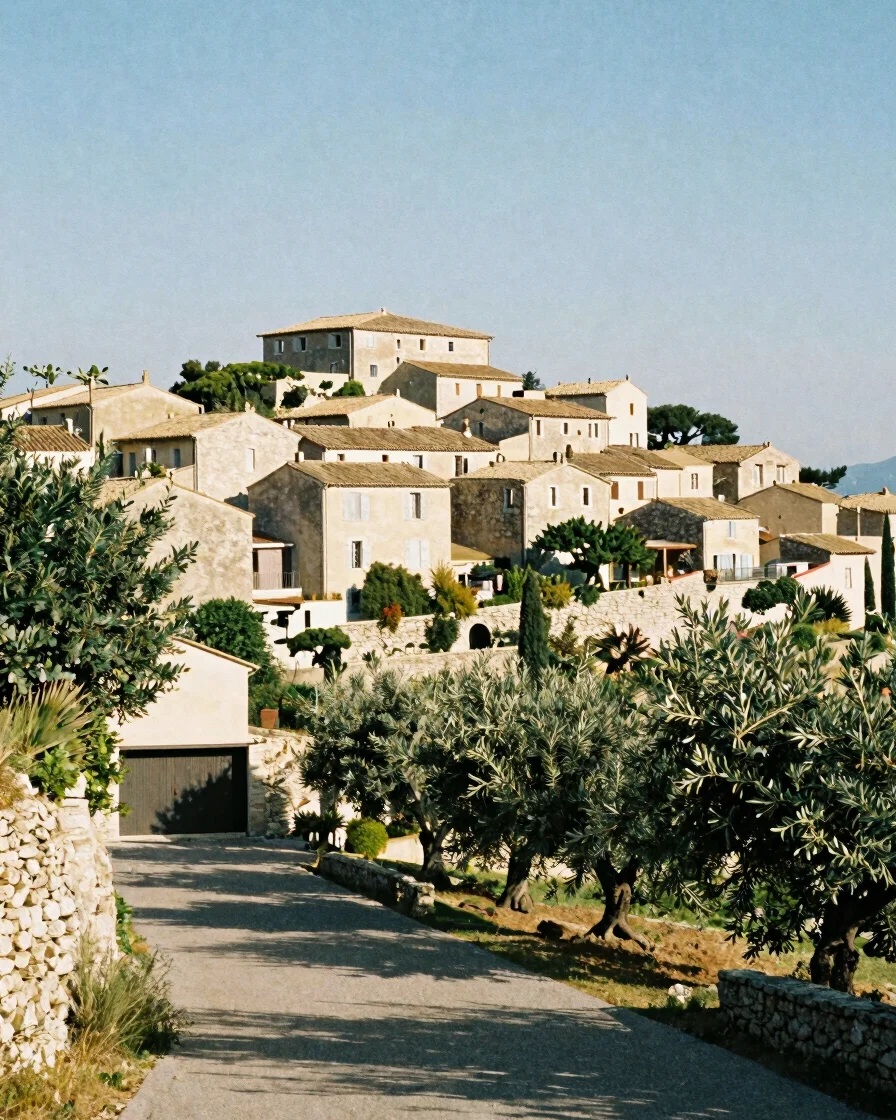 Wide soft morning light across the stone rooftops of a hilltop village in the Alpes-Maritimes, old lane in the foregroun