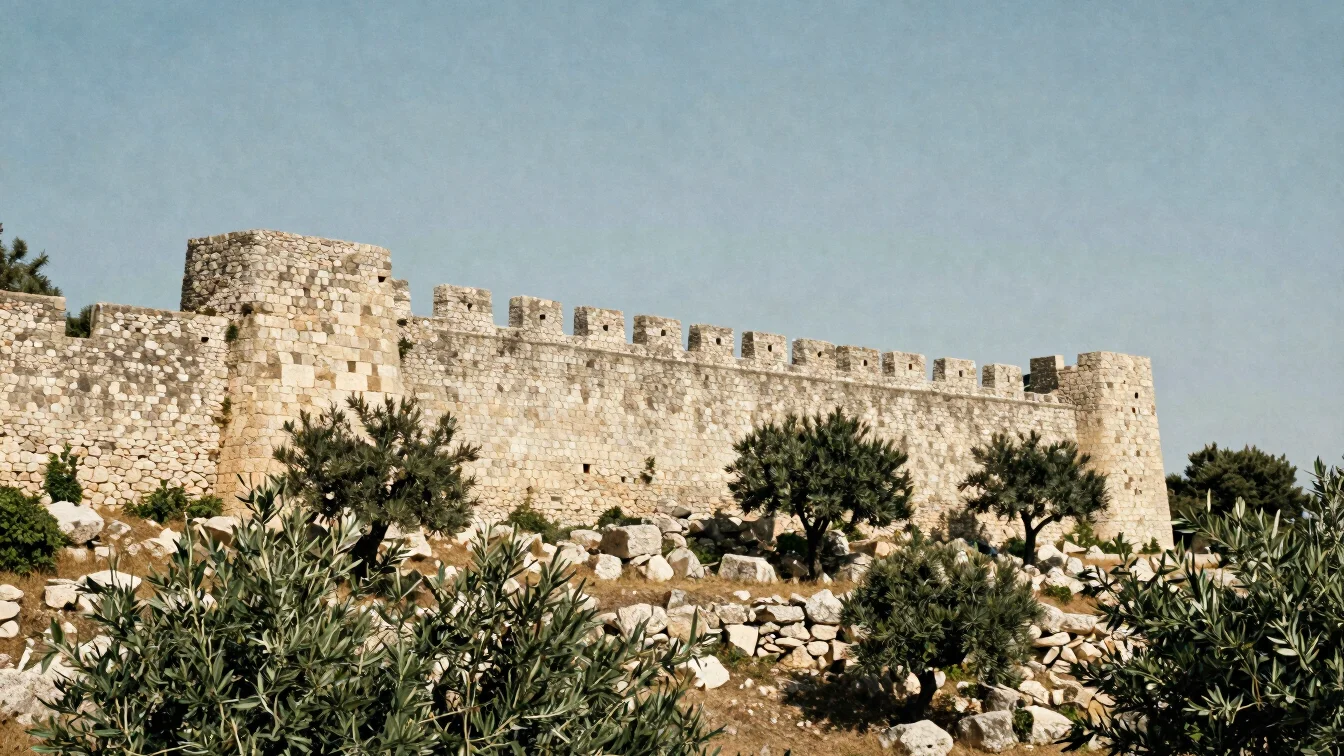 Fragment of old defensive stone wall at the edge of a hilltop vil