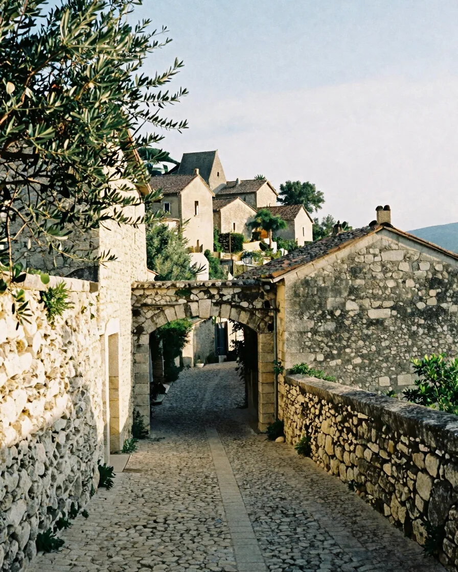 Narrow cobbled lane between old limestone house walls in the hilltop village of Bézaudun-les-Alpes, soft morning dayligh