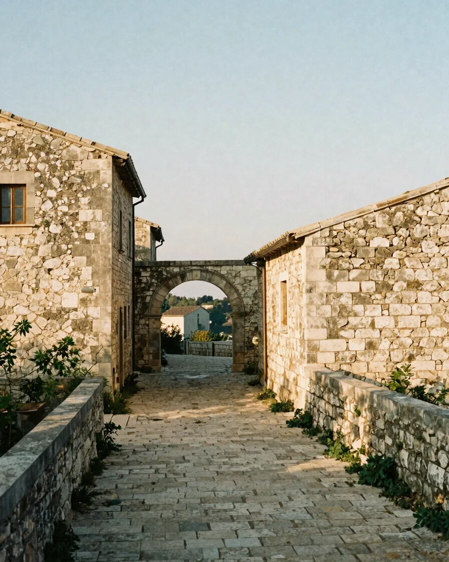 Late-afternoon light falling along a medieval stone lane in a hilltop village, a worn threshold arch in the middle dista