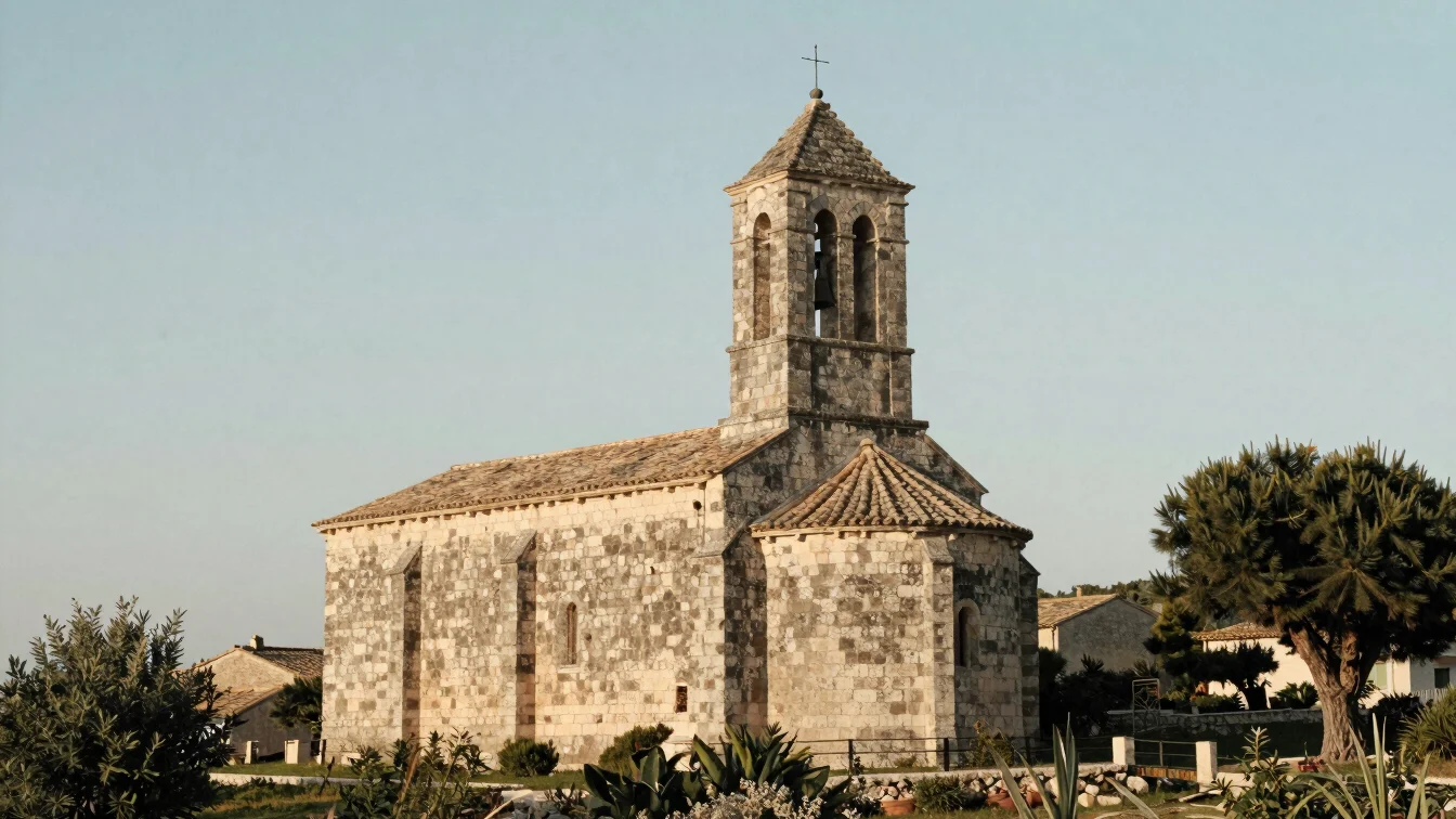 Exterior of a small stone parish church in a Provençal hilltop village, the bell tower against a pale sky, soft morning