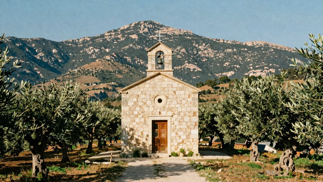 Simple stone chapel on a hillside above terraced olive trees, late-afternoon mountain light, quiet rural path leading to