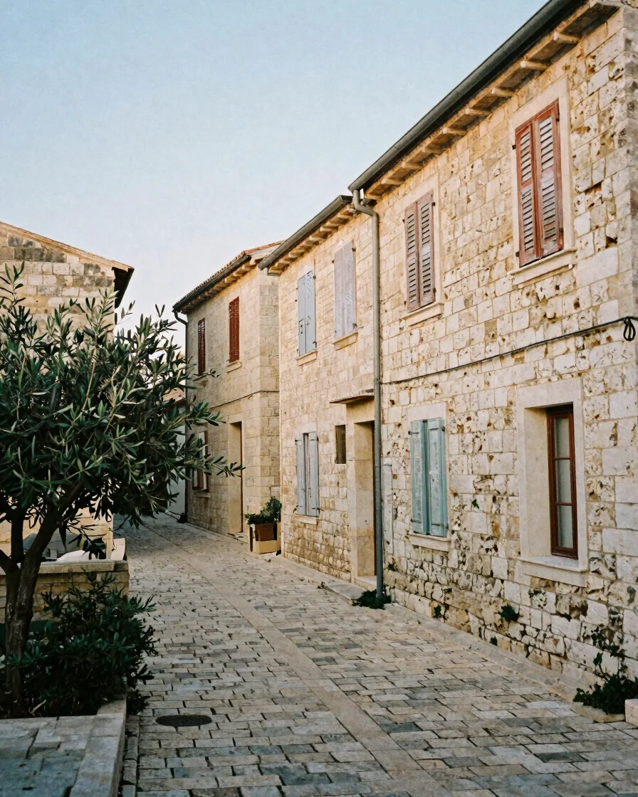 Narrow stone-paved village lane climbing between old limestone ho